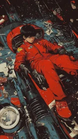 Drifted rider lounges in wrecked neon bike like a throne