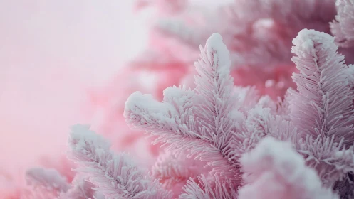 Frosted pine branches glow softly against blurred pink bokeh