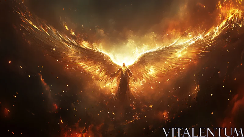 Winged humanoid figure in fiery atmospheric environment.