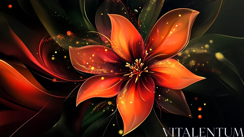 Luminescent Digital Flower: Radiant Red-Orange Petals with Particle Light Effects