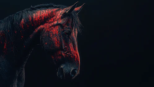 Shadowed black horse glows with striking red highlights