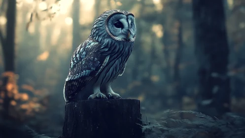 Majestic owl perched on tree stump in dreamy, misty forest scene.