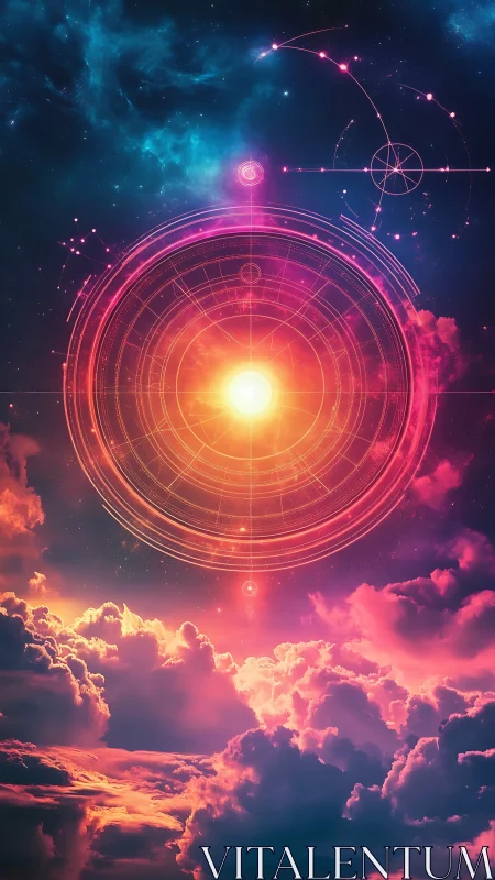 Celestial radial interface over iridescent nebula cloudscape.