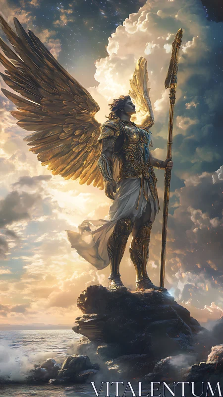 Golden-winged celestial guardian stands over a stormlit sea