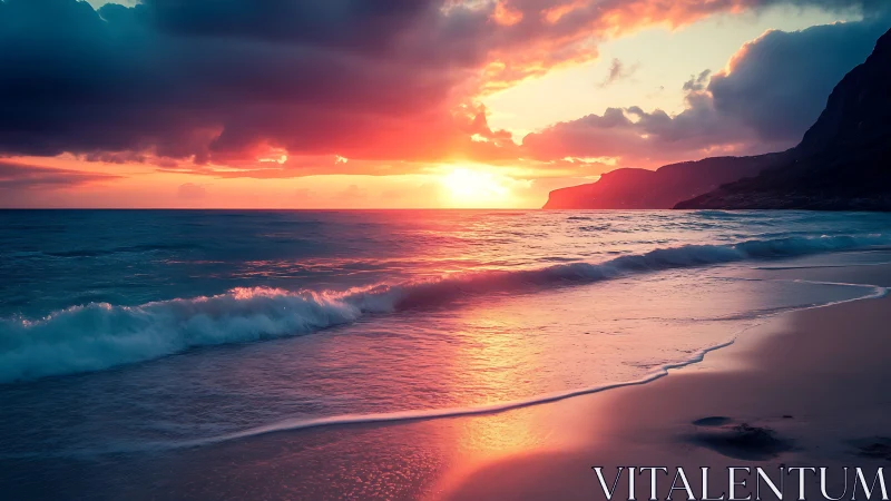 Sunset light reflects across tranquil surf on remote beach