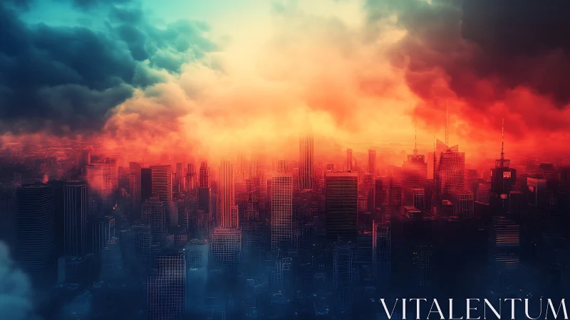 Skyfire dawn swallowing a neon-soaked future metropolis.