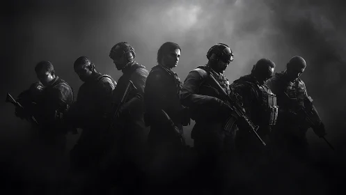 Monochrome tactical squad lineup in cinematic silhouette composition.