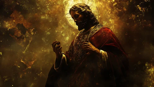 Digital rendering shows robed haloed figure in golden haze