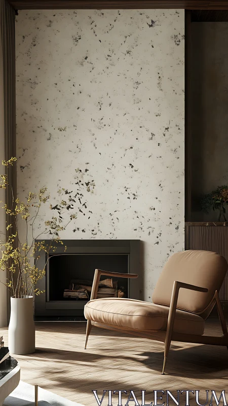 Sunlit leather lounge against speckled modern hearth wall.