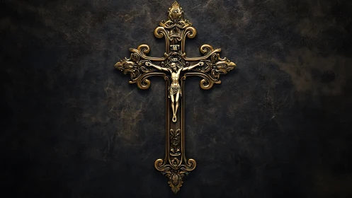 Ornate metallic crucifix on dark textured background.