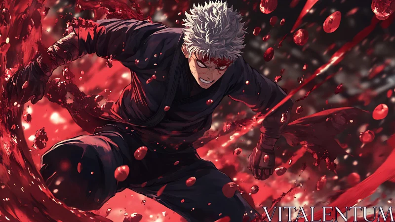 Silver haired fighter amid red liquid arc in motion scene.