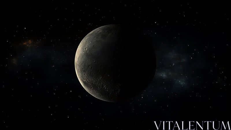 Shadowed cratered moon drifting through deep starfield.