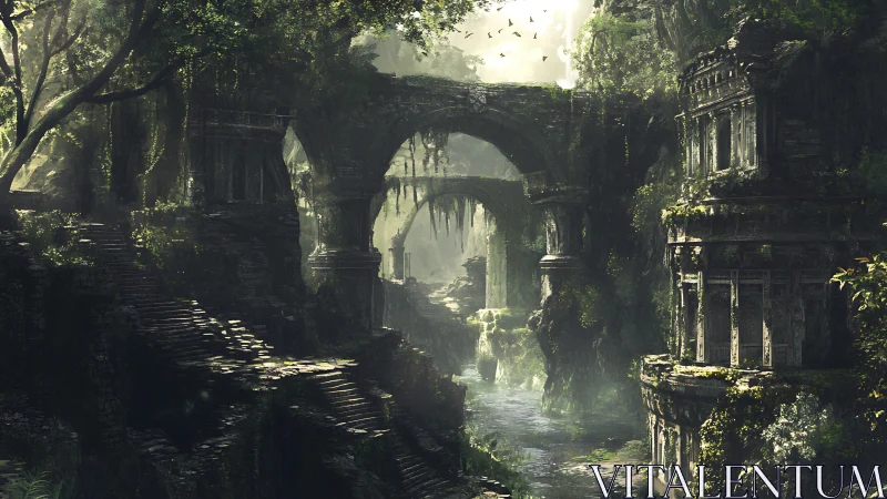Ancient stone ruins overgrown by dense jungle vegetation