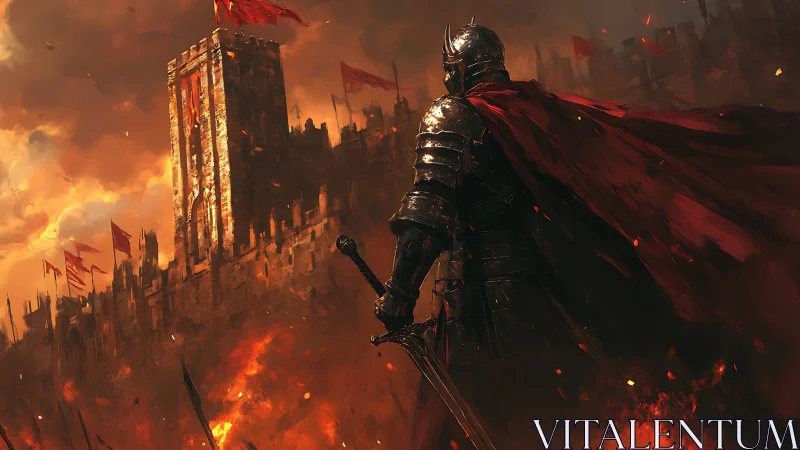 Armored warlord before burning fortress under storming sky