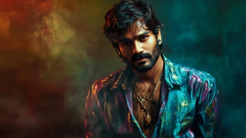 Color-drenched rebel leans through smoky neon twilight