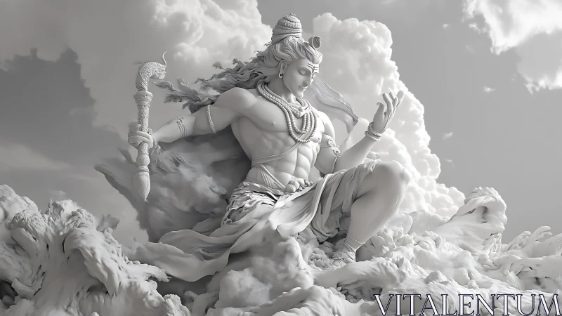 Monochrome 3D render depicts detailed seated deity figure