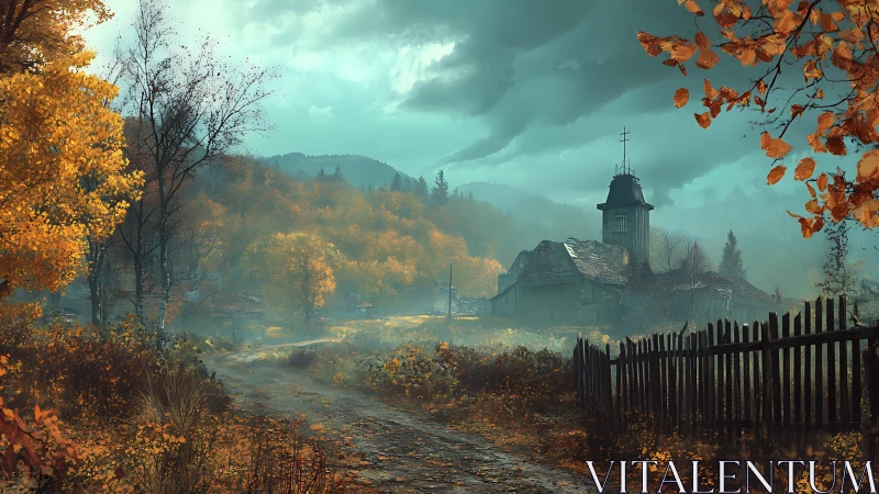 Rural path passes abandoned church in misty autumn valley