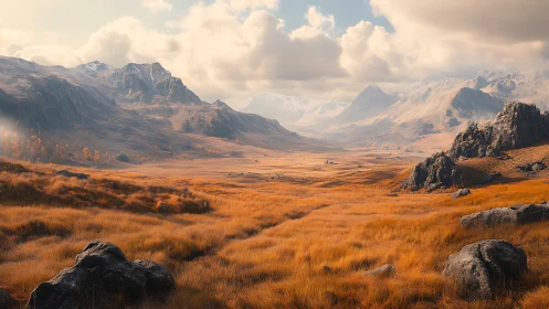 Golden valley plain between distant snow capped mountains.