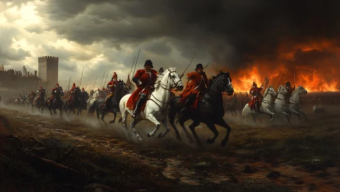 Armored cavalry charge forward as a burning battlefield roars