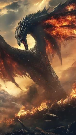Infernal dragon rising above smoldering volcanic ruins.