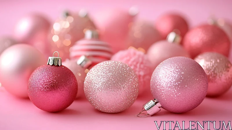 Pink glitter Christmas baubles arranged on soft pink background