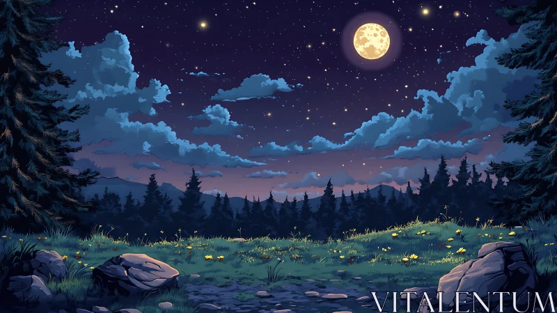 Moonlit forest clearing with grass, rocks and distant treeline.