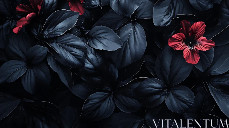 Dark Botanical Study: Crimson Blooms Against Obsidian Foliage