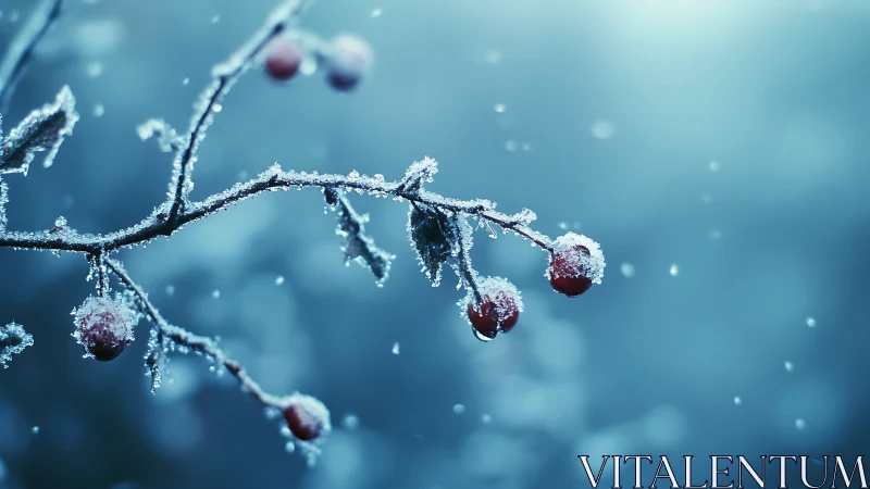 Frozen red berries on branch in soft winter snowfall.
