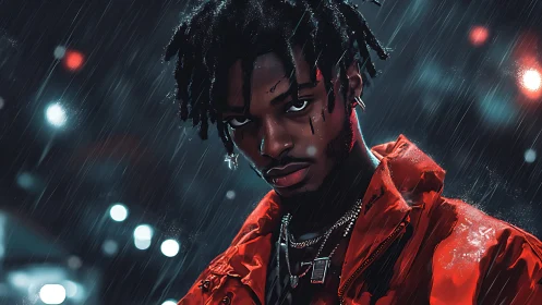 Moody street portrait of man in red jacket in heavy rain.