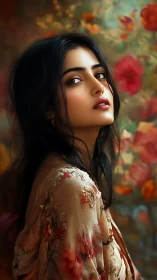 Somber muse in floral silk amid whispering painted blooms.