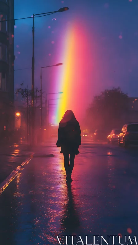 Silhouette on wet city street facing vertical neon rainbow.