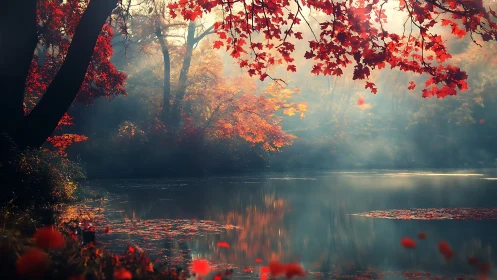 Autumn mist settles over tranquil forest lake at sunrise