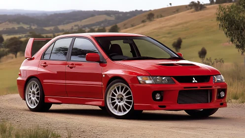 Red AWD rally sedan with aero kit and large front intercooler