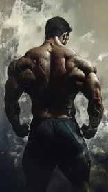 Muscular back study of bodybuilder in dramatic light.