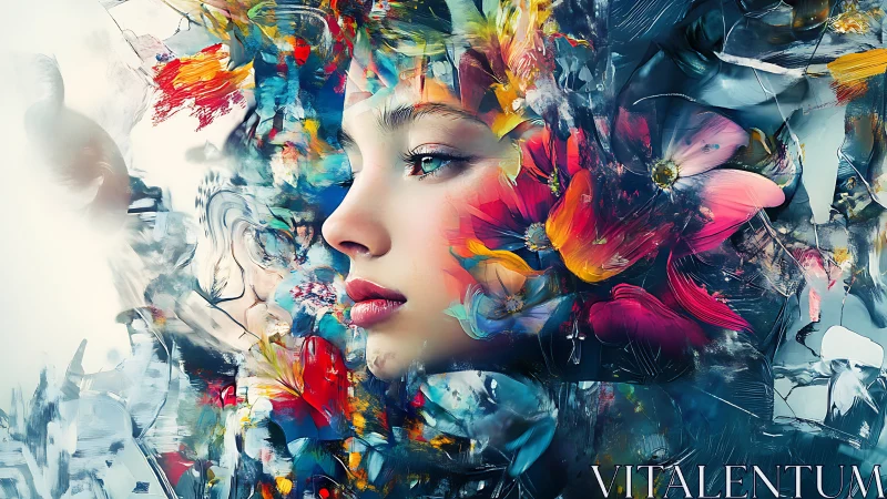 Female profile blended with vivid abstract floral forms.