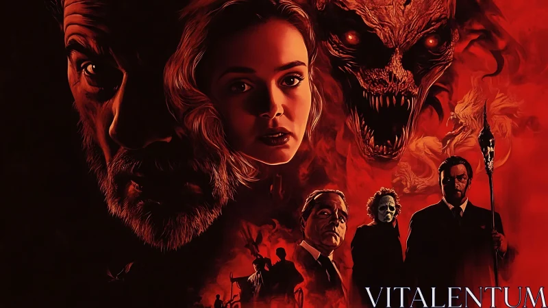 Red horror montage with faces, demonic creature, dark figures.