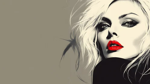 Retro siren gaze in stark monochrome with electric red lips.