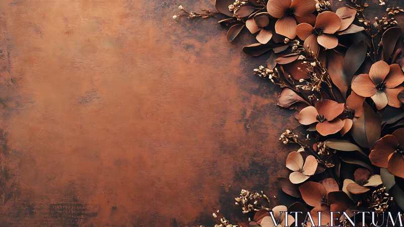 Burnt orange floral arrangement with gold accents against textured rust backdrop.