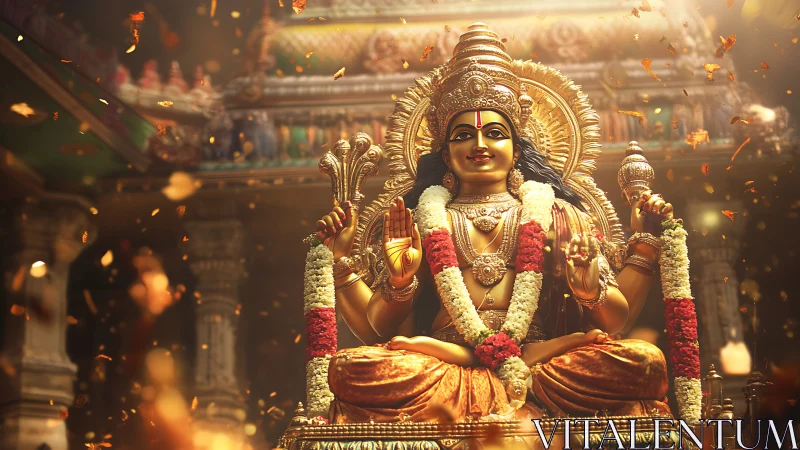 Divine Hindu deity idol with radiant garlands and halo glow.