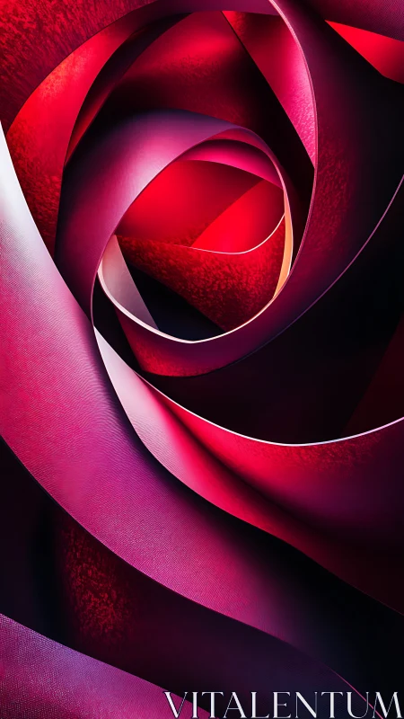 Curved red ribbons form layered abstract spiral structure