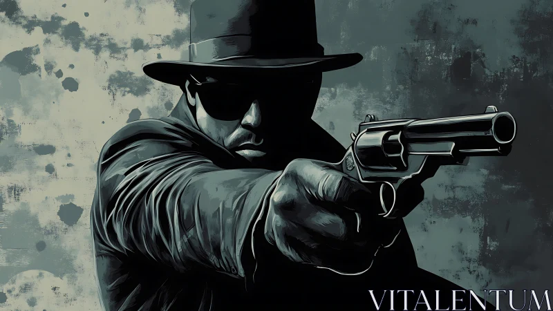 Noir gunman extends revolver toward viewer in shadow