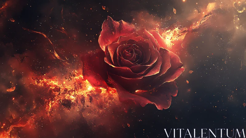 Fiery crimson rose suspended in cosmic ember nebula.