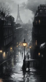 Rainy Paris street with Eiffel Tower in distant mist.