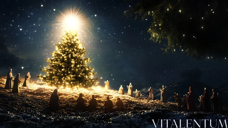 Luminous Christmas tree with robed figures under starry night.