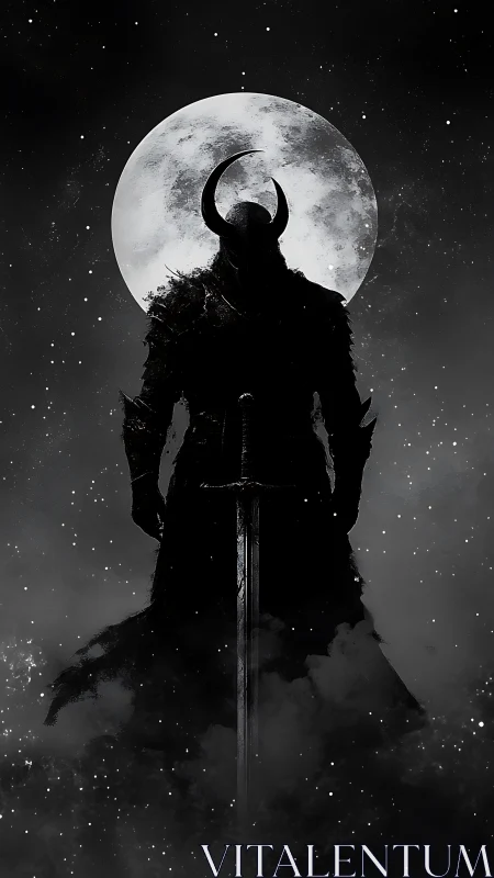 Moonlit horned warrior standing strong in swirling shadows.