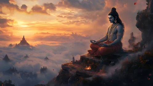 Serene blue yogi meditating above glowing cloud temples.