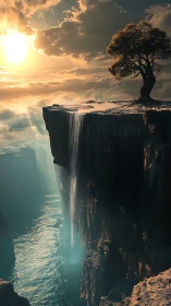 Lone cliffside tree guarding a skyfall into glowing canyon.