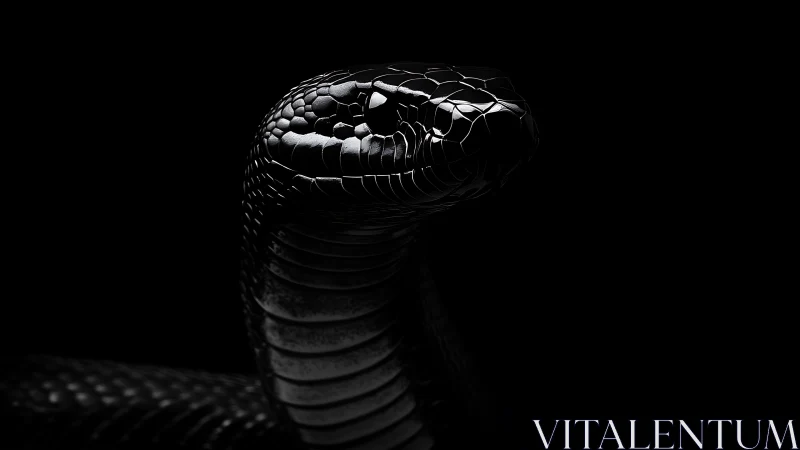 Gleaming black snake rising from the shadows in quiet focus.