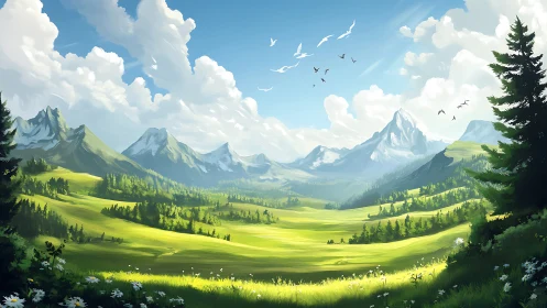 Sunlit alpine valley under sweeping cloud-draped peaks.