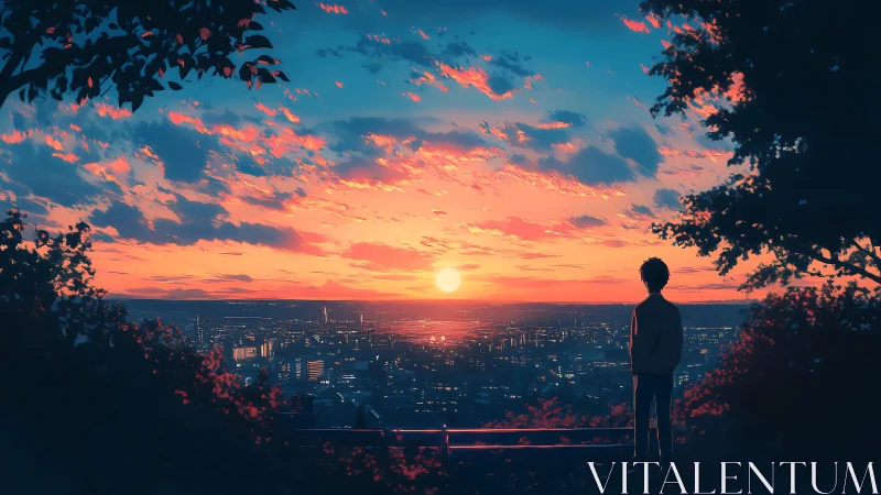 Twilight cityscape observation from elevated forest overlook.